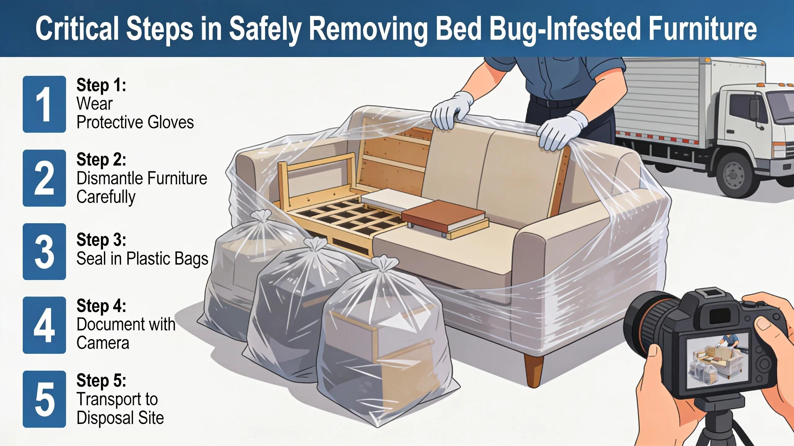 What to Know About Bed Bug Furniture Disposal 1 Dismantled bed bug-infested sofa in sealed bags, showcasing safe removal procedures and necessary equipment