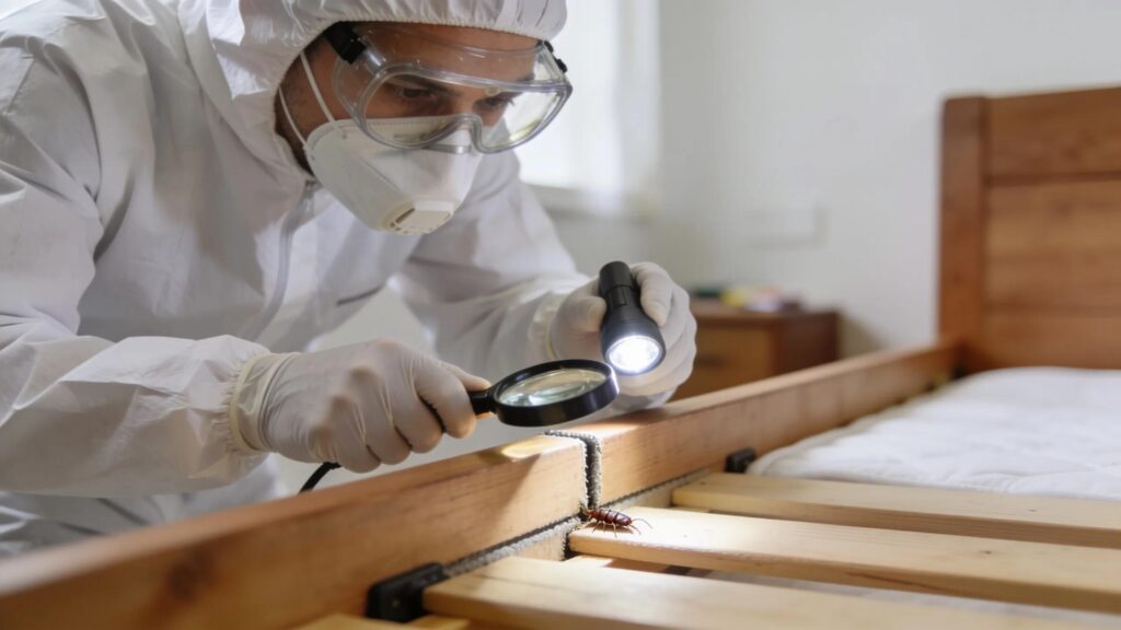 Professional inspecting bed bug infested furniture with safety gear in a clean room