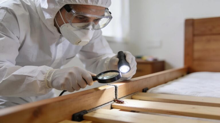 Professional inspecting bed bug infested furniture with safety gear in a clean room