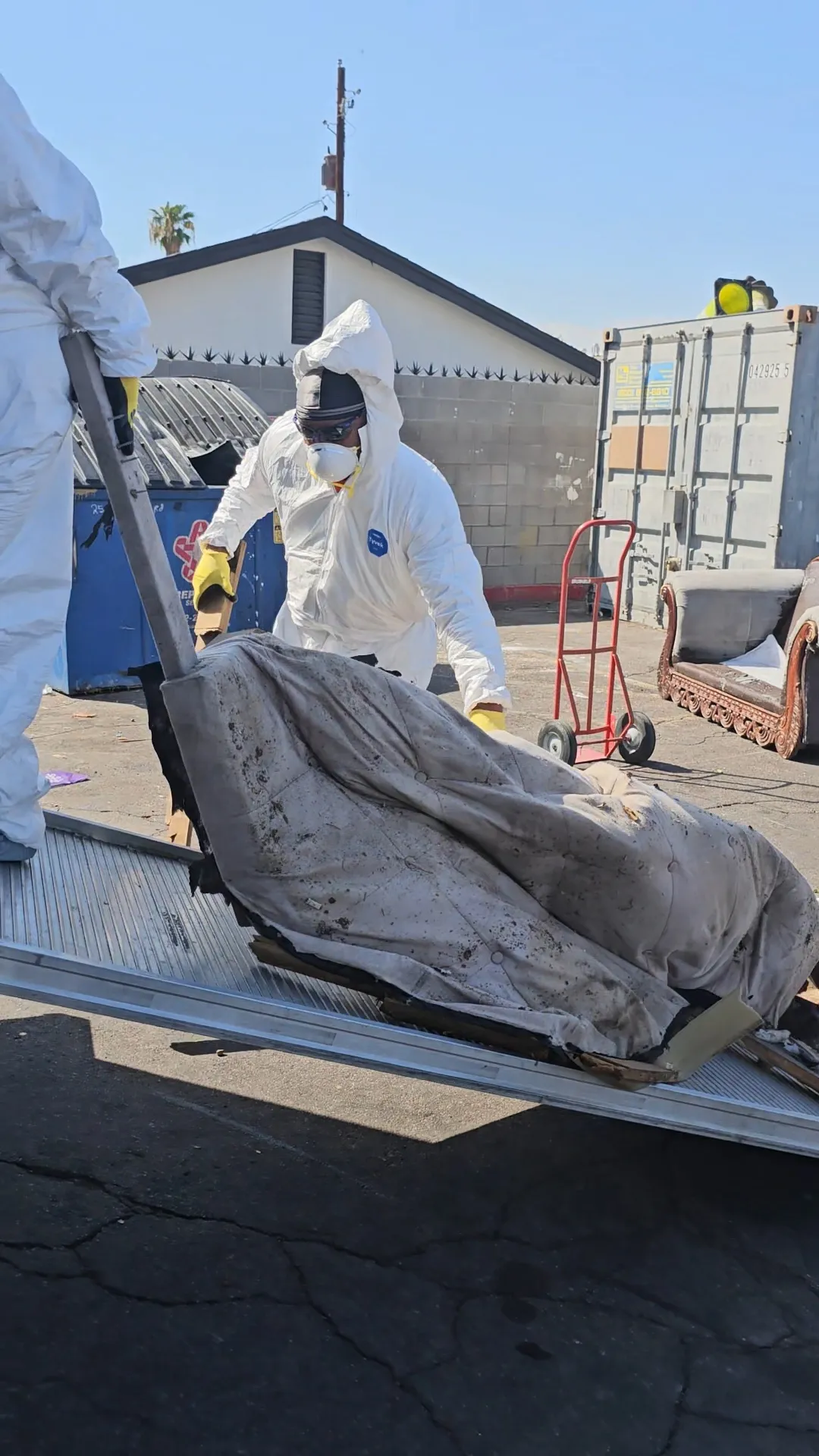 Team of professionals sealing bed bug infested furniture for safe disposal
