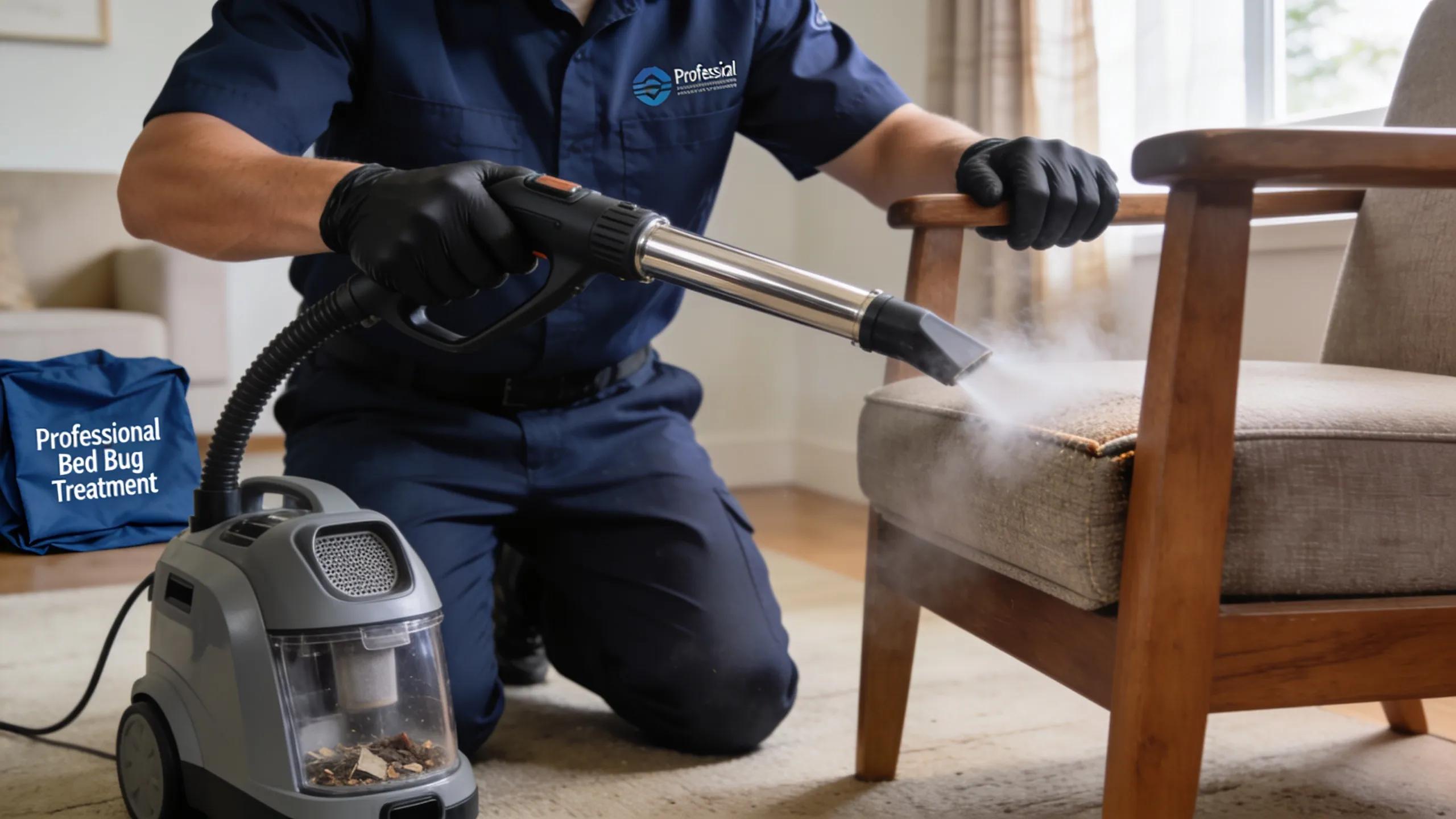 Pest control professional treating furniture for bed bugs with equipment