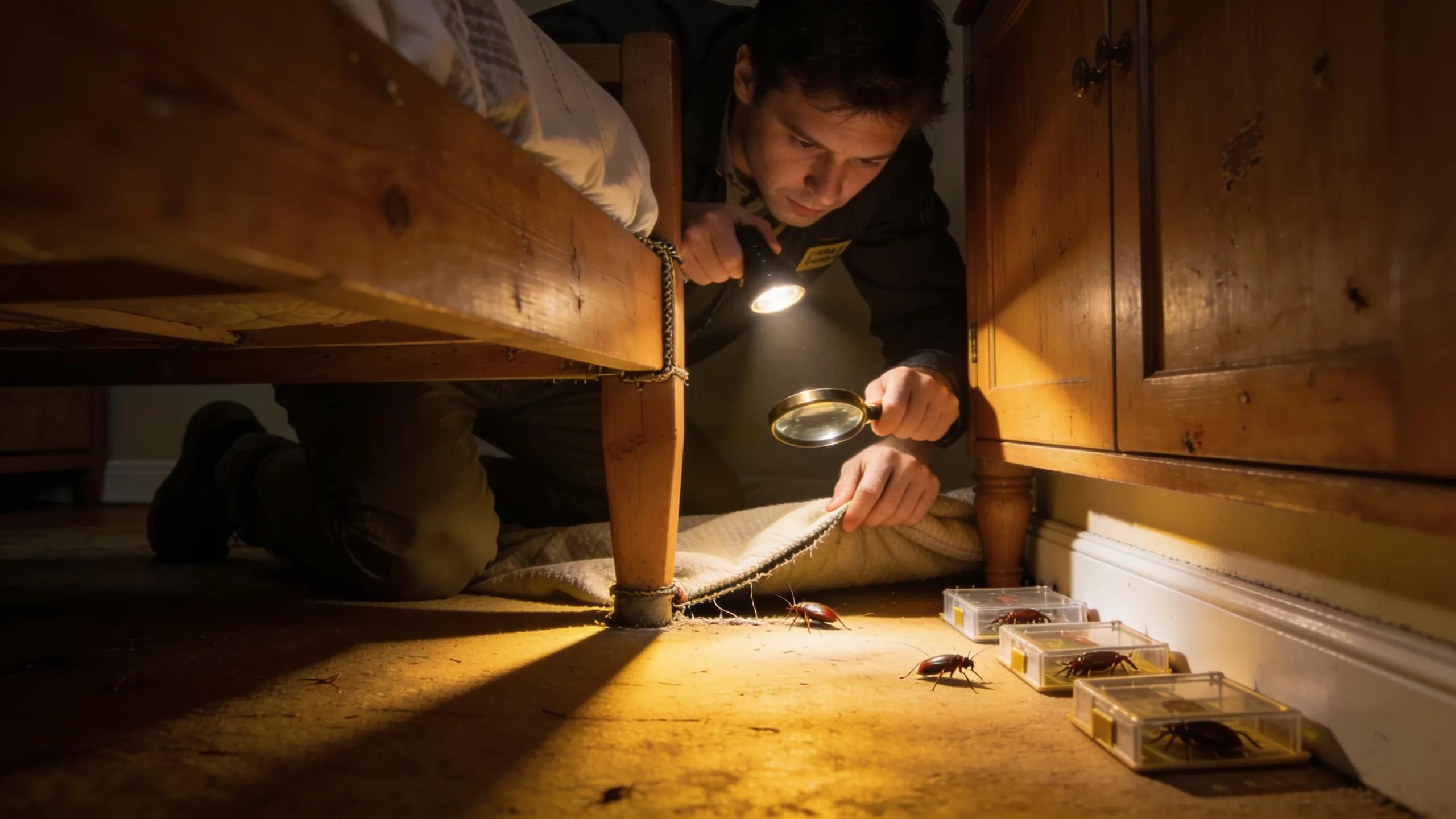 Person inspecting wooden furniture for bed bugs, emphasizing visual identification techniques in a dim environment.