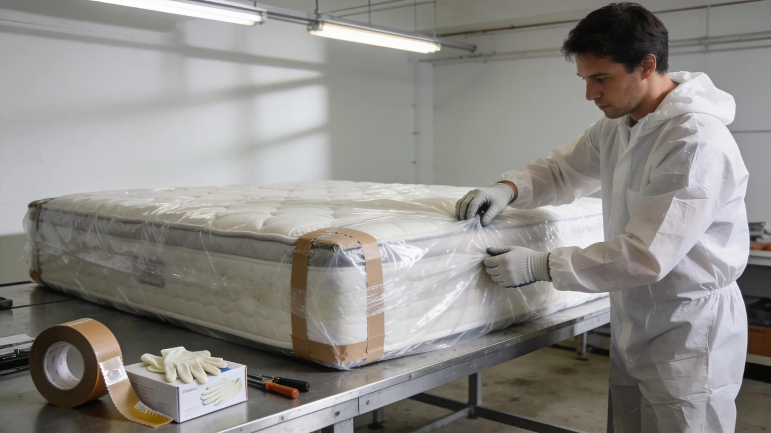 Wrapped mattress secured inside a vehicle for transport