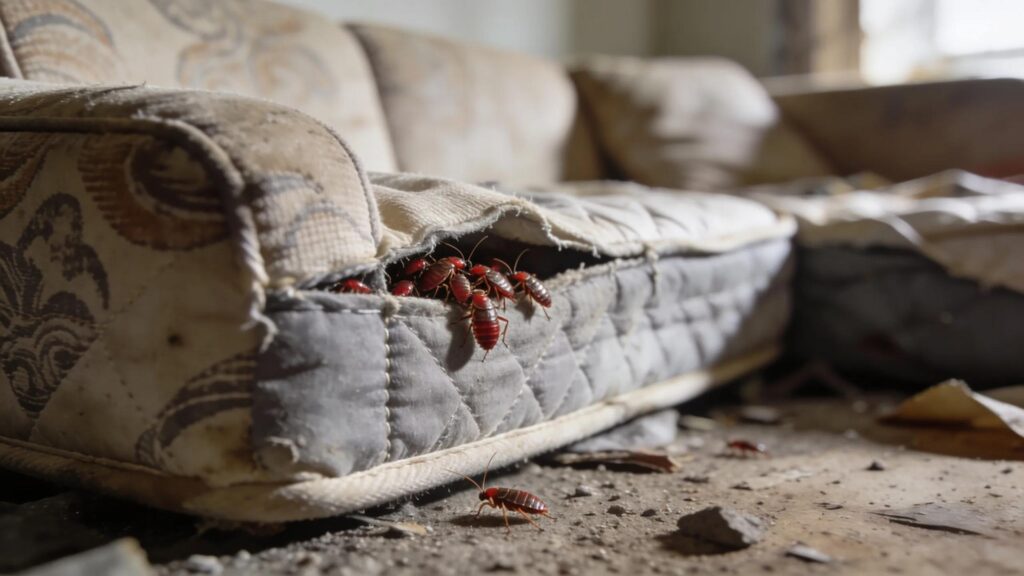 Bed bugs hidden in the seams of discarded furniture illustrating infestation risks
