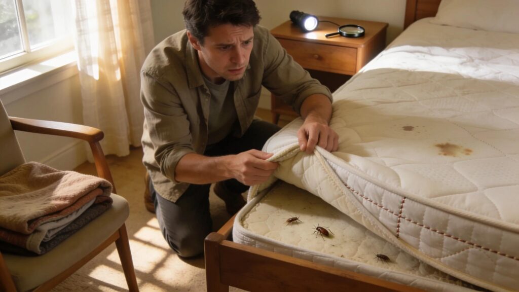 Homeowner inspecting bed for bed bugs in a well-lit bedroom