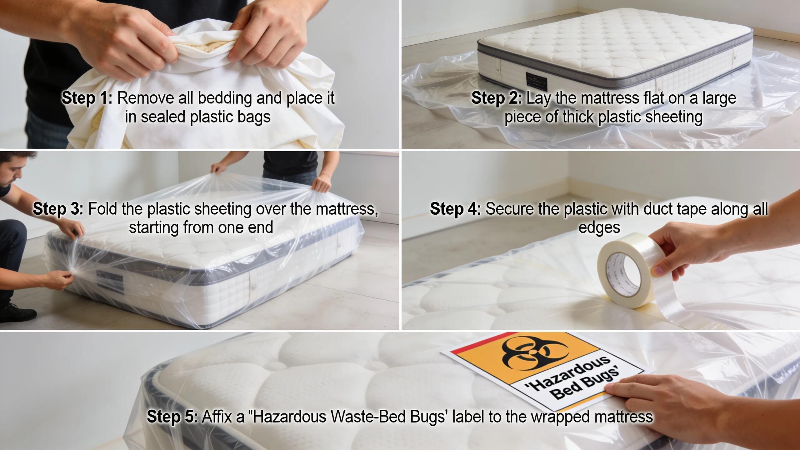 Preparing bed bug-infested mattress for safe disposal with labeling and wrapping