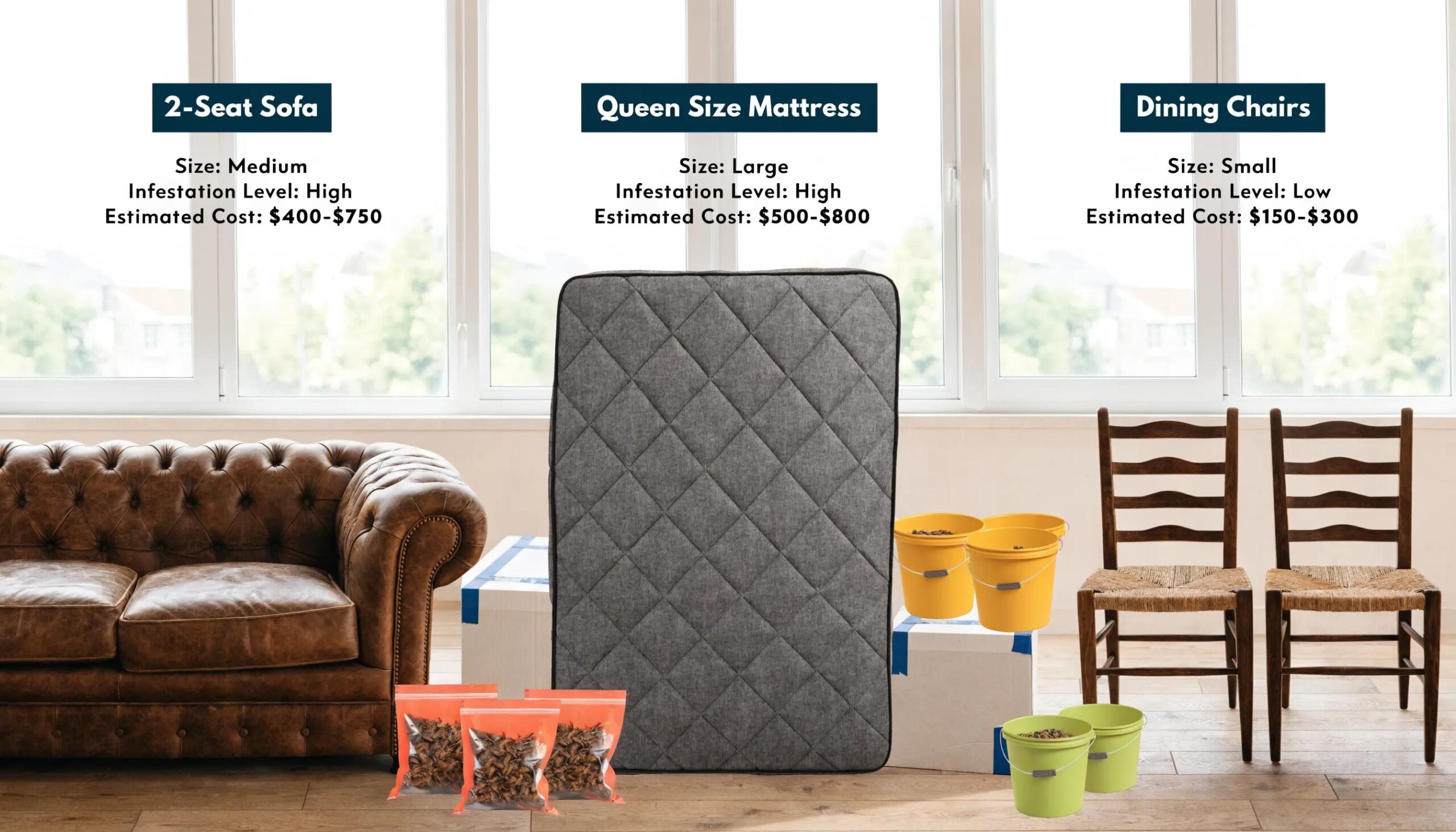 Comparison of furniture sizes and associated removal costs for bed bug infestations