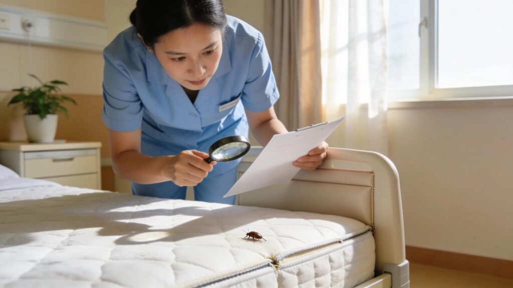 Caregiver inspecting a bed for bed bugs in an assisted living facility, emphasizing safety and resident care