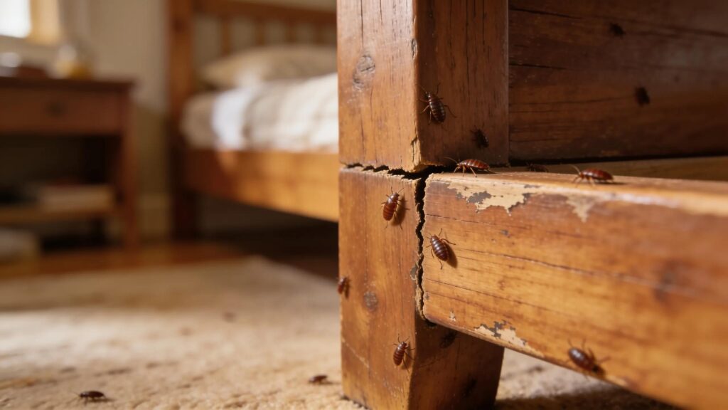 Wooden furniture showing signs of bed bugs, highlighting identification challenges in a home setting.