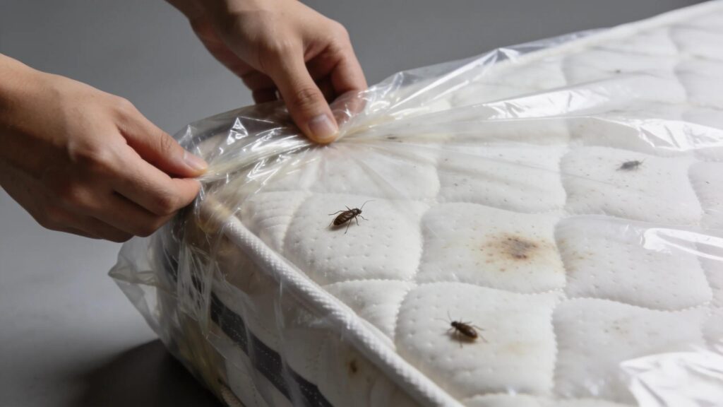 Bed bug-infested mattress being wrapped in plastic for safe disposal