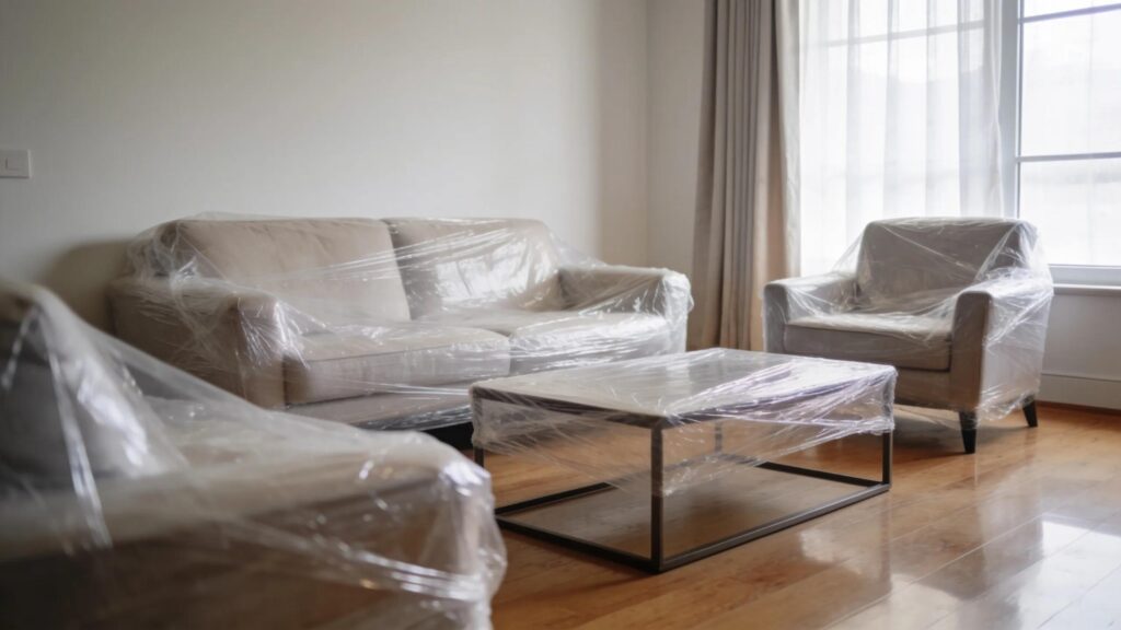Clean living room with furniture covered for bed bug removal process