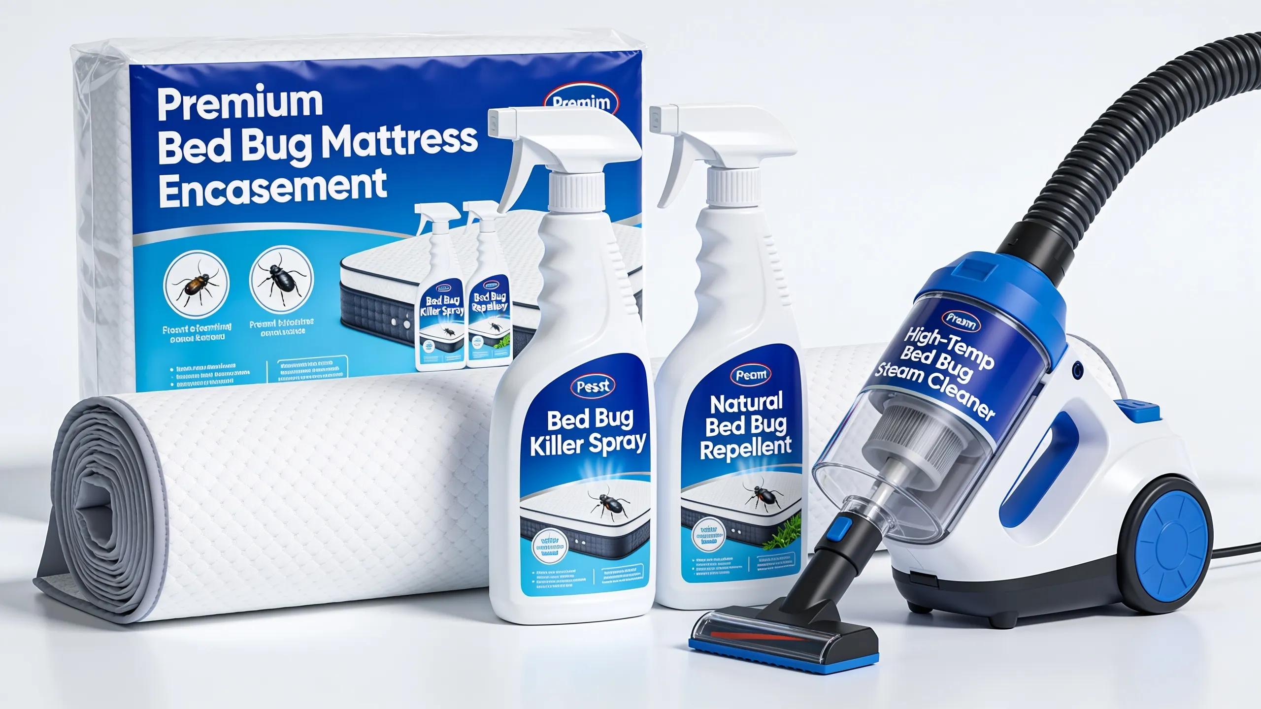 Array of bed bug treatment products including encasements, sprays, and steam cleaners