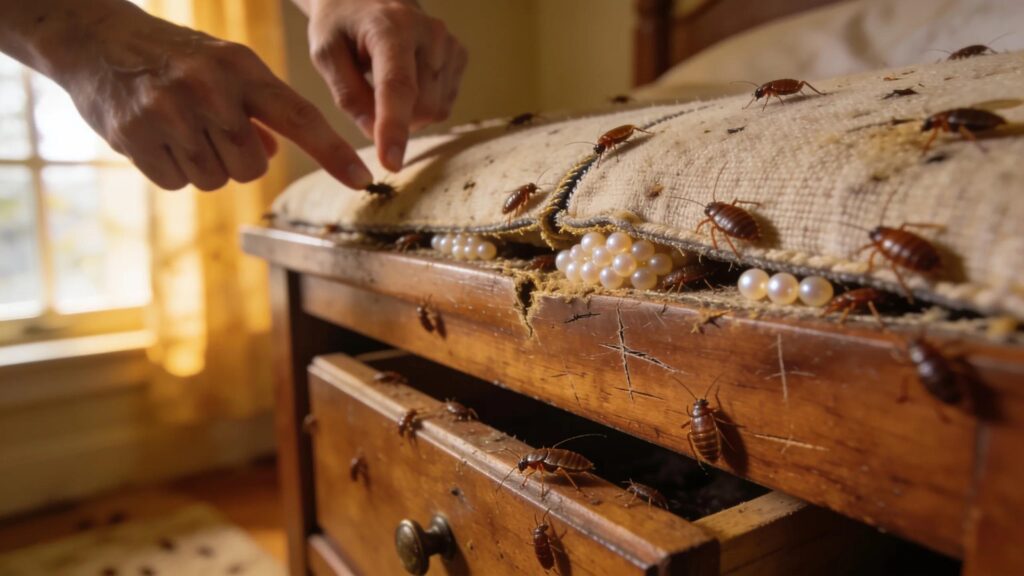 Bed bug infestation on furniture highlighting pests and eggs