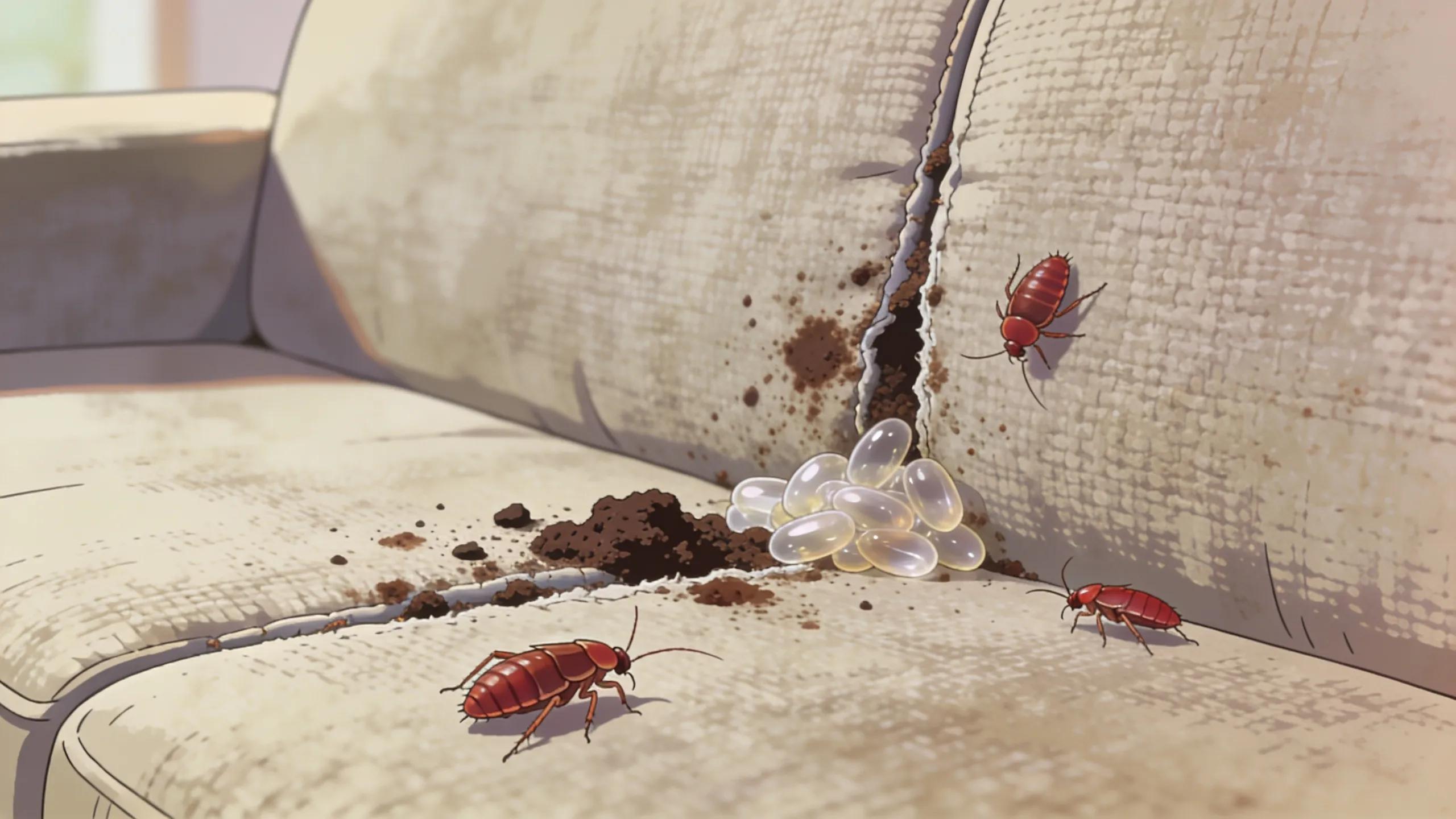 Close-up of bed bug signs such as fecal stains and shed skins on furniture