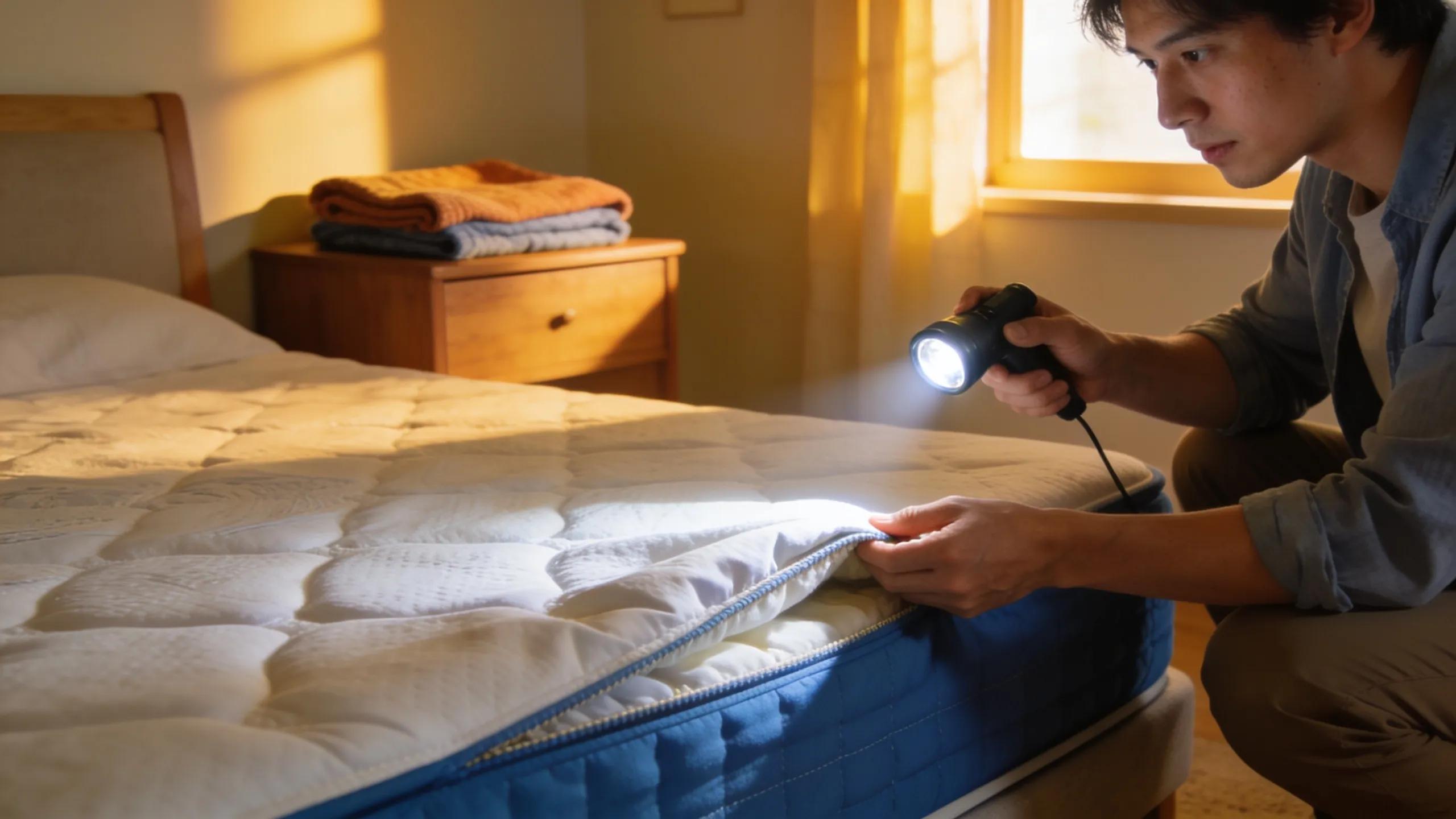 Resident inspecting furniture for bed bugs using a flashlight