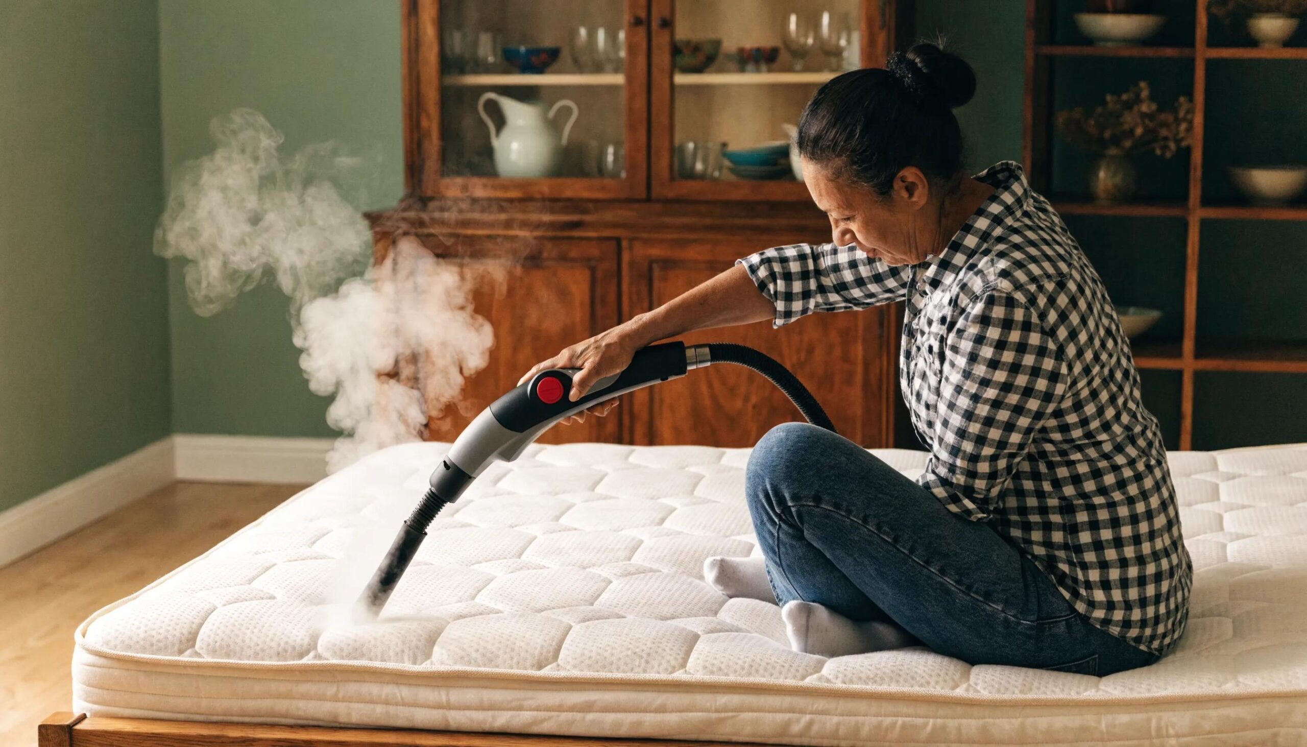 Homeowner using a steam cleaner as an effective DIY bed bug removal method