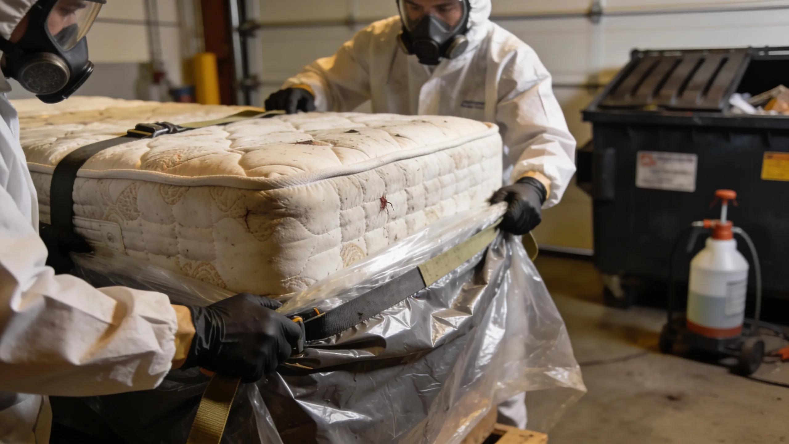 Junk removal professionals handling bed bug-infested mattress with care