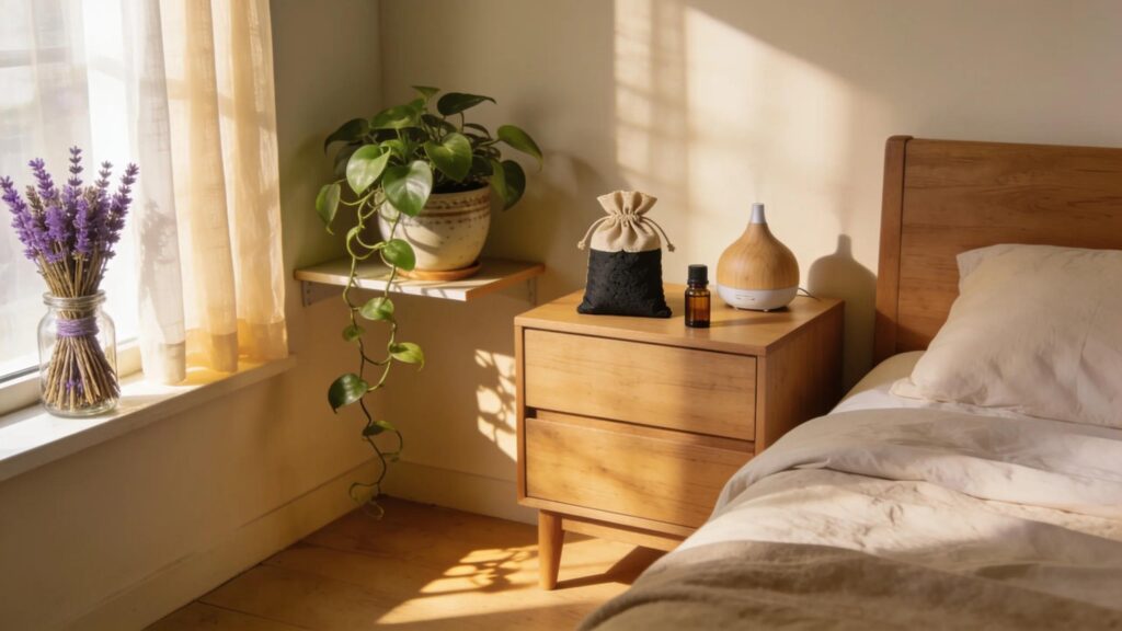 Eco-friendly bed bug removal tools in a serene bedroom promoting safe pest control