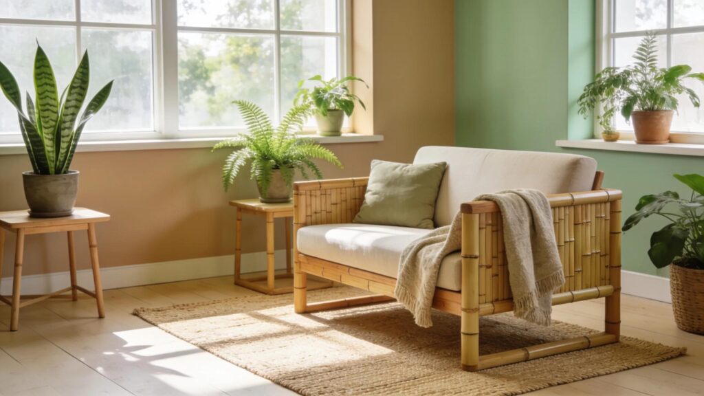 Eco-friendly furniture in a bright interior, emphasizing natural living and sustainability