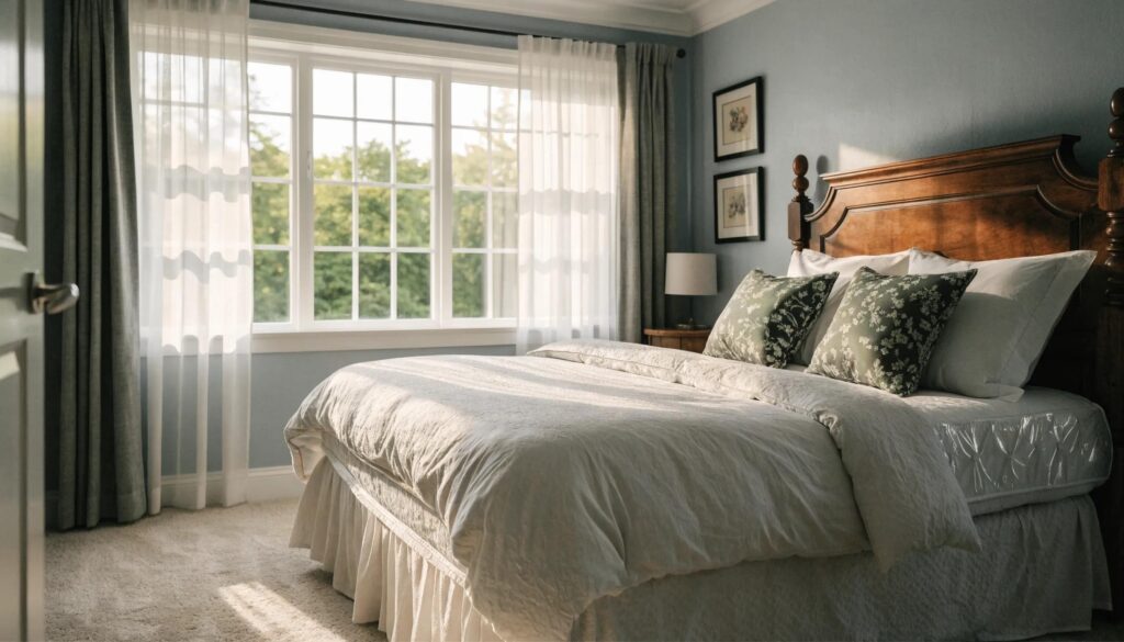 Welcoming bedroom scene illustrating a bed bug-free environment with a protected mattress