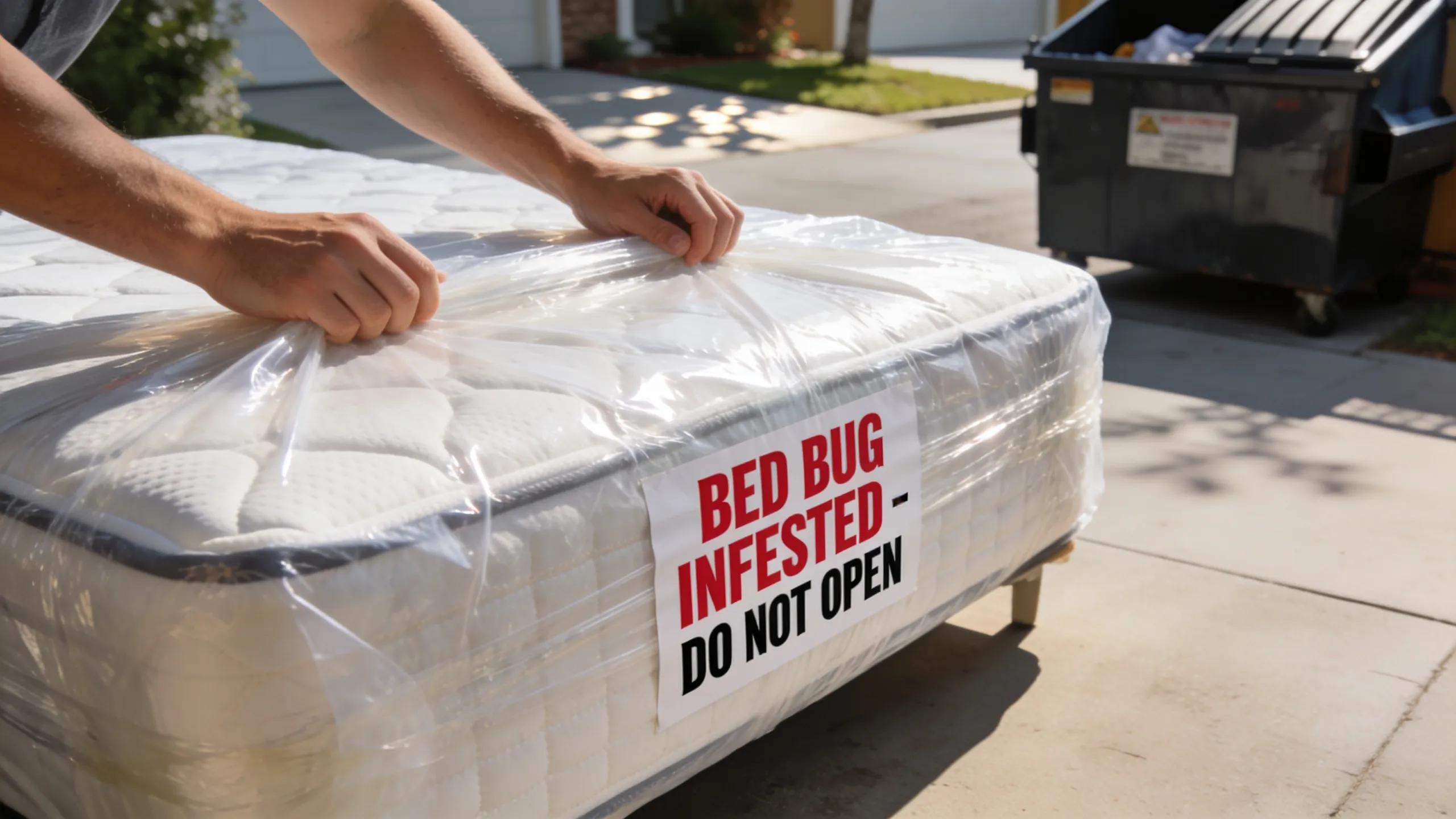 Wrapped mattress labeled for disposal, showcasing responsible waste management for bed bug-infested items