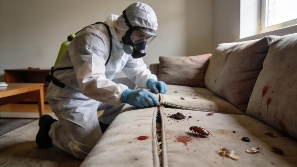 Professional examining bed bug infested furniture in a home setting