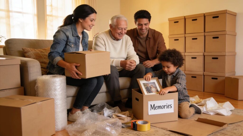 Family assisting a senior with packing for assisted living move, highlighting support and organization