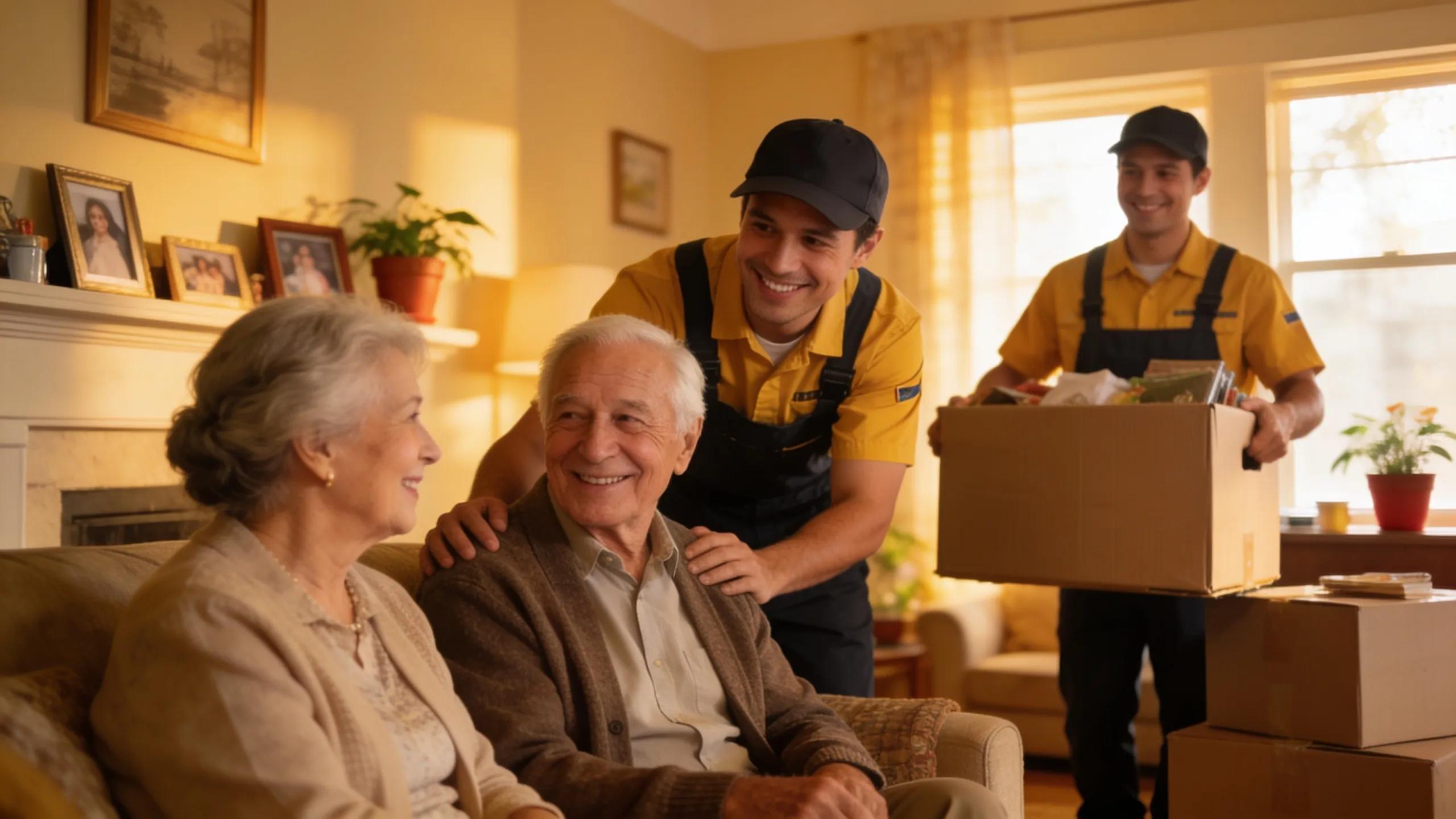 Seniors interacting with a professional junk removal team in a cozy home setting