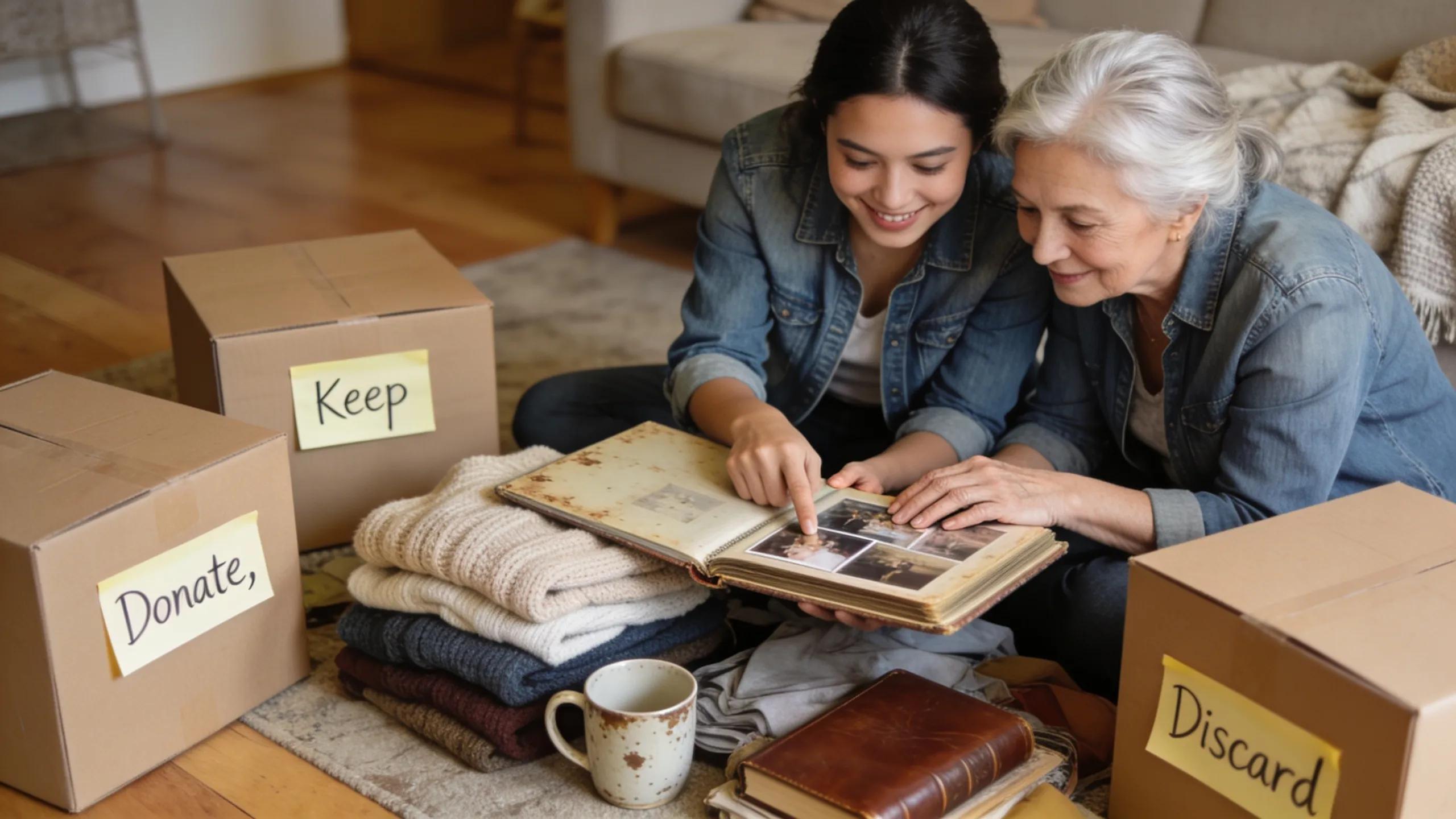 Senior and family member discussing belongings while downsizing for assisted living, showcasing decision-making process