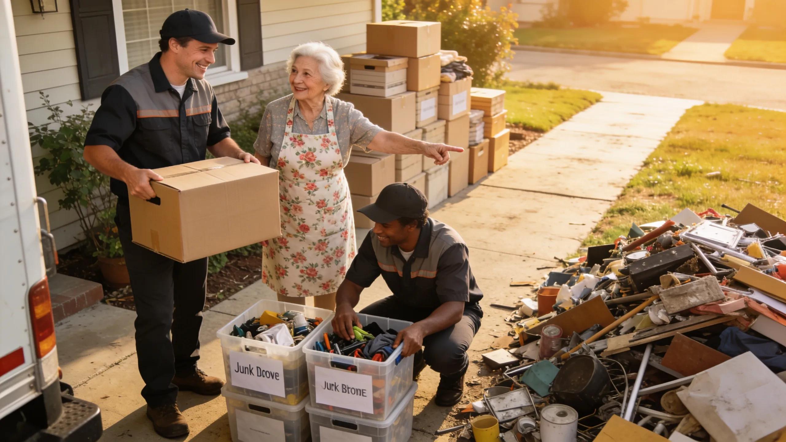 Junk removal team helping a senior woman declutter her home