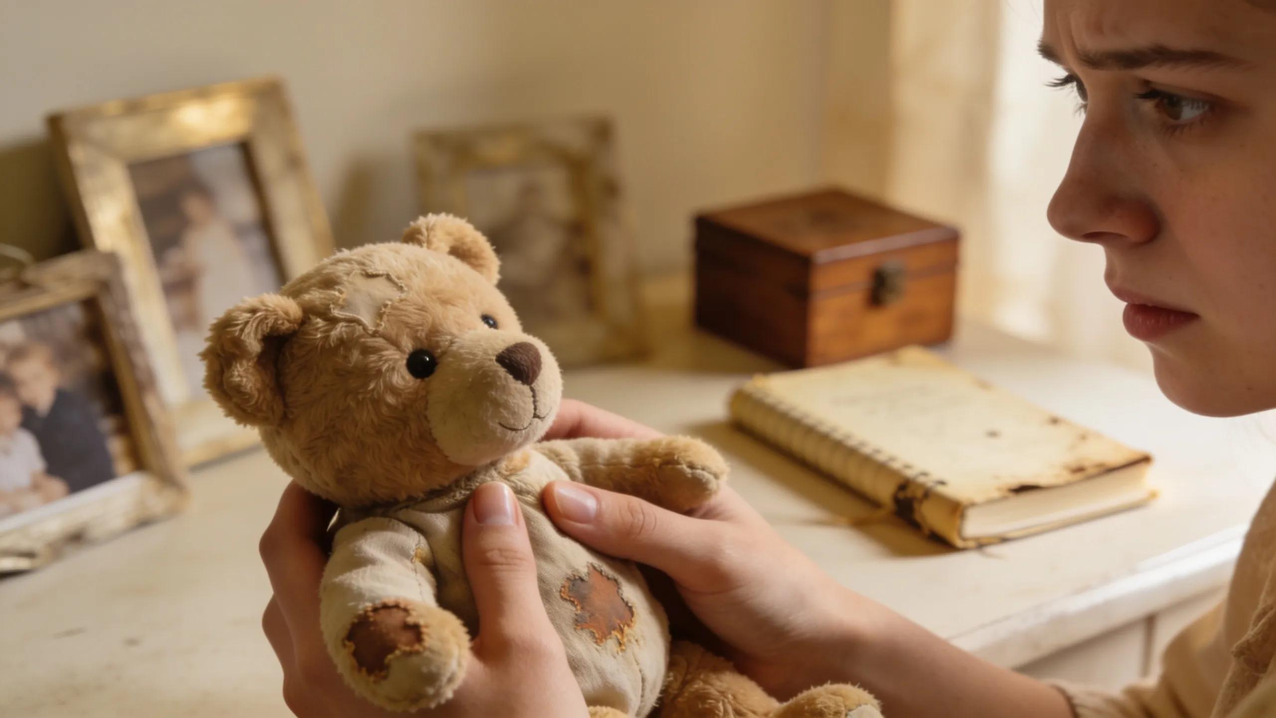 Person holding a cherished childhood toy, illustrating emotional connections to keepsakes