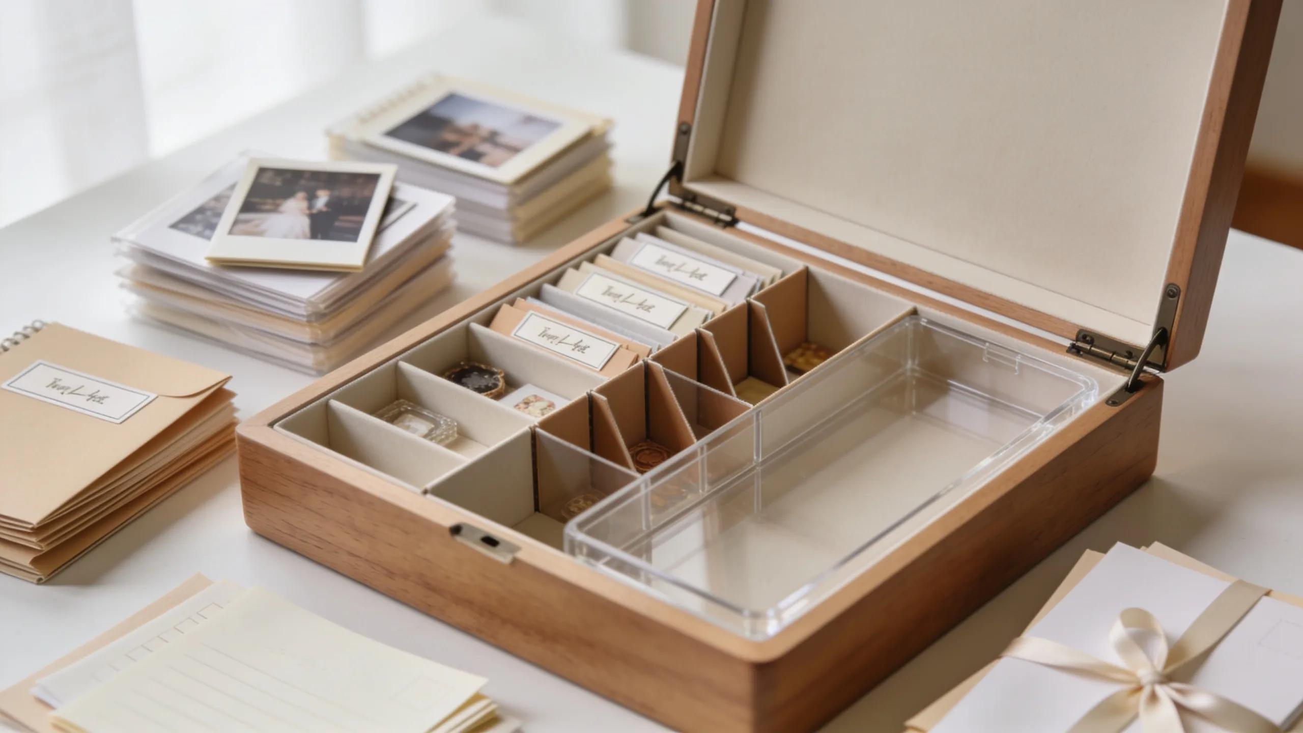 Well-structured keepsake box with organized photographs and letters, illustrating effective memory preservation