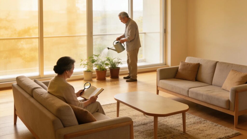 Decluttered senior living space promoting safety and comfort