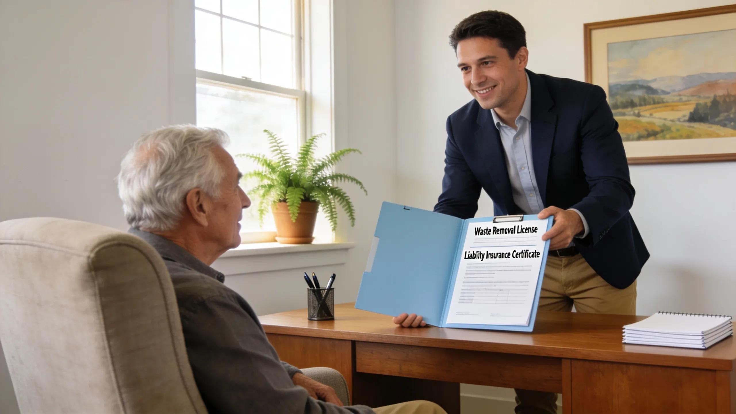Senior reviewing licenses and insurance documents with a junk removal company representative