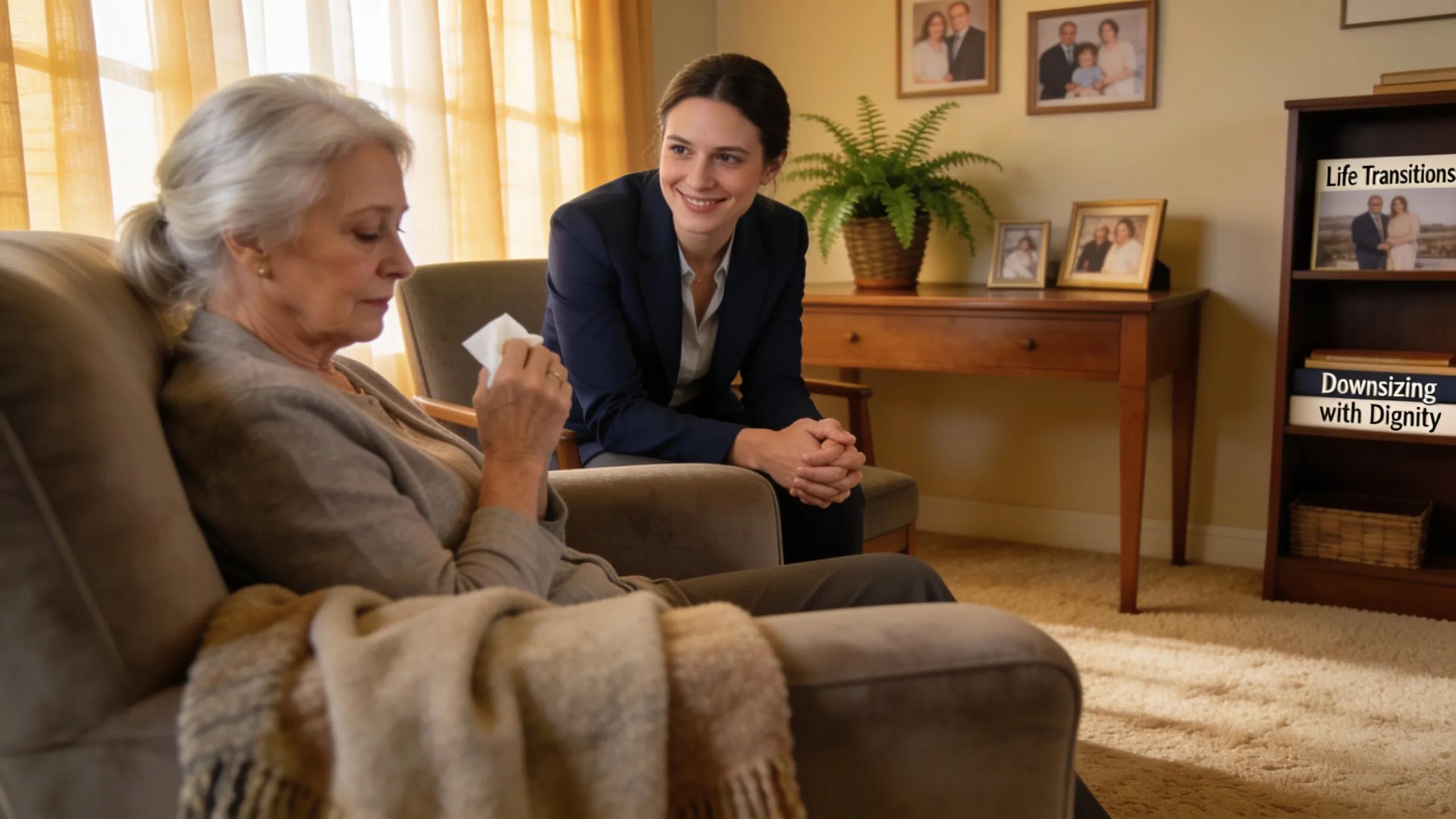 Senior woman receiving emotional support from a counselor, highlighting the importance of mental health during downsizing