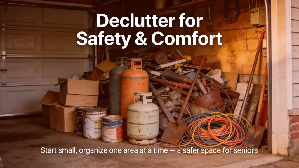 Cluttered garage highlighting hazards seniors should clear for enhanced safety