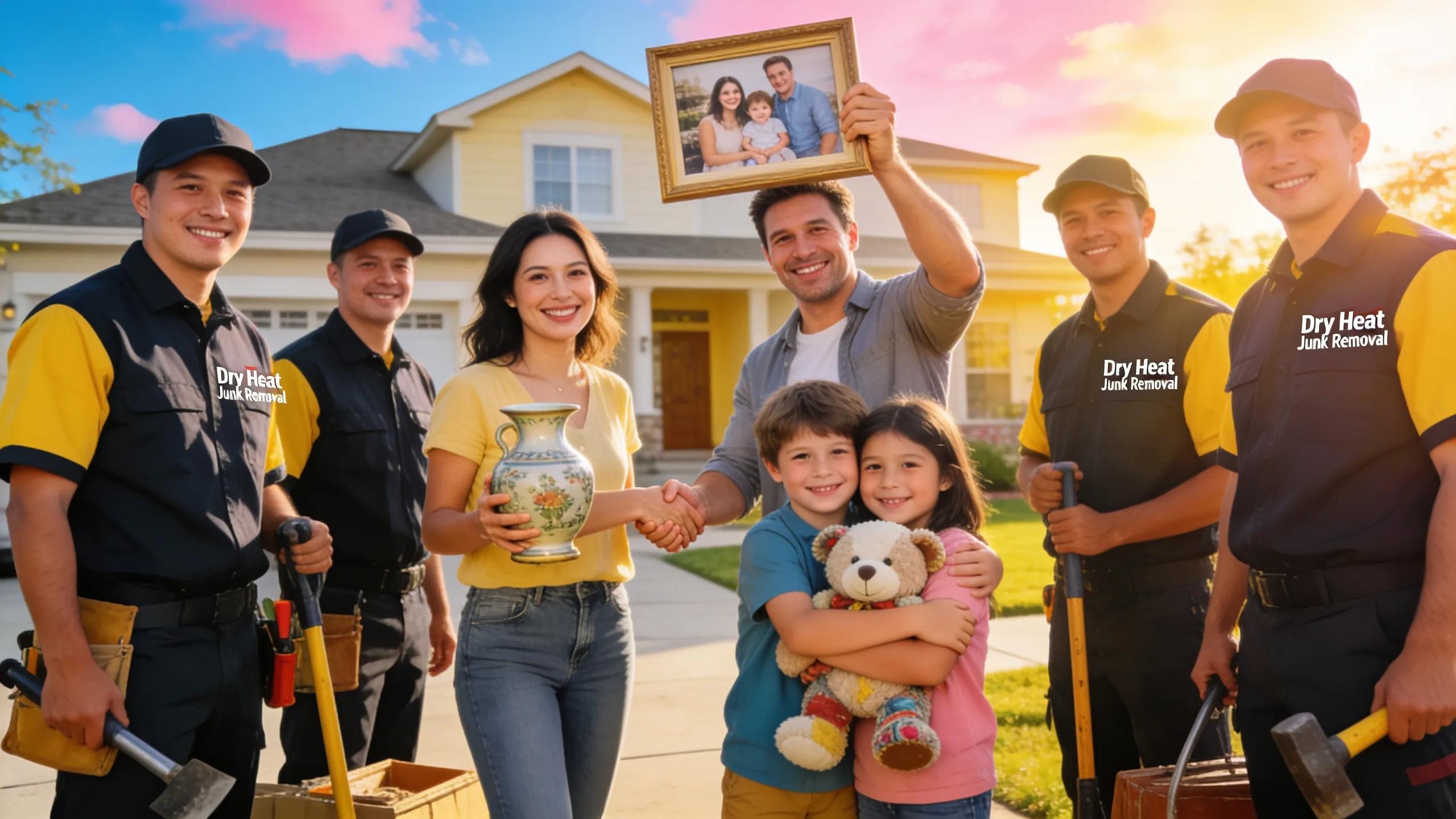 Happy family expressing gratitude to Dry Heat Junk Removal team after a successful estate cleanout, underlining customer satisfaction.