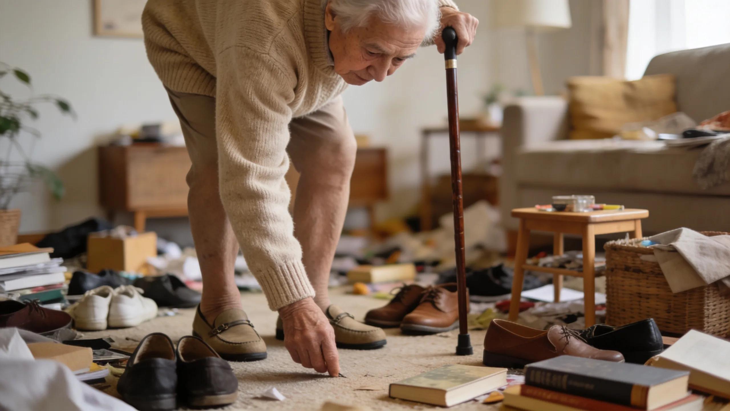 Messy living room highlighting tripping hazards for seniors