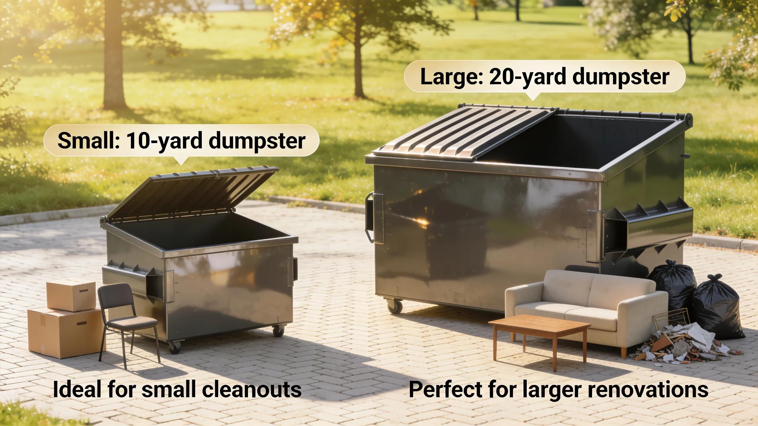 Various dumpster sizes illustrated in an outdoor setting catering to senior home projects