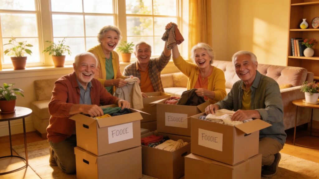 Seniors happily decluttering and sorting belongings in a bright and organized room, emphasizing the joys of downsizing